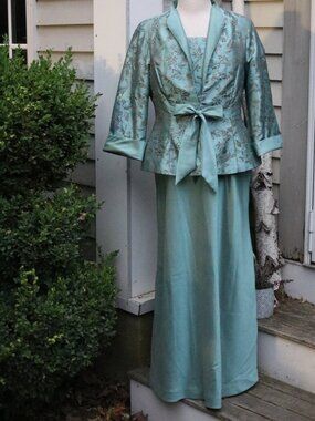 R & M Richards Aqua Brown Beaded Damask Tie Front 2 Piece Maxi Jacket Bridal Set